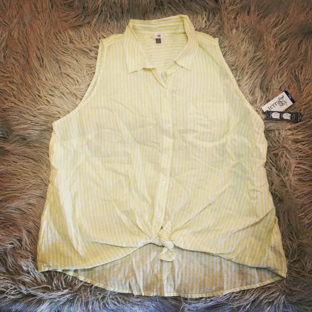 Terra Sky Top Darling Yellow White Striped Linen Blend Tie Front Shirt Blouse